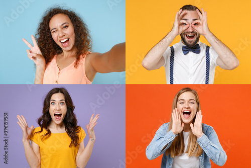 Photo set collage of faces of multiethnic diverse emotional people, man and women group different ages wearing casual clothes isolated on colorful background studio portraits. Human facial expressions