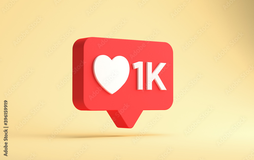 Social network one thousand likes notification isolated on a yellow background. 3d rendering Social network one thousand likes notification isolated on a yellow background. 3d rendering