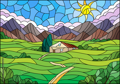 Illustration in a stained glass style withla a summer ndscape, a lonely house against the background of fields, mountains and a Sunny sky