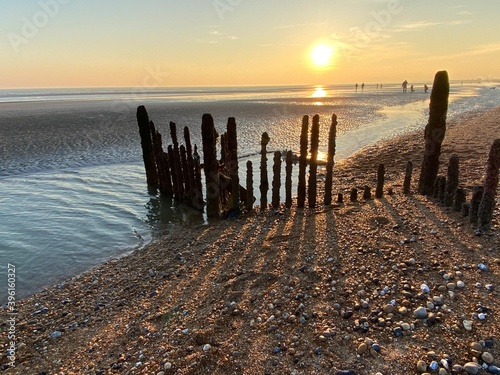 Winchelsea beach landscape view at low tide exposing flat sand with wooden sea groynes protruding from the sand photo