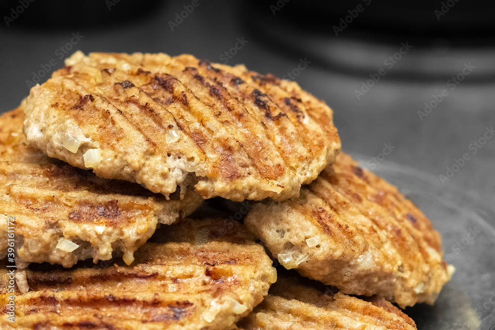 Grilled cutlets. Protein food. Close-up. 