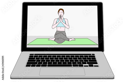パソコン画面に映るヨガポーズの女性