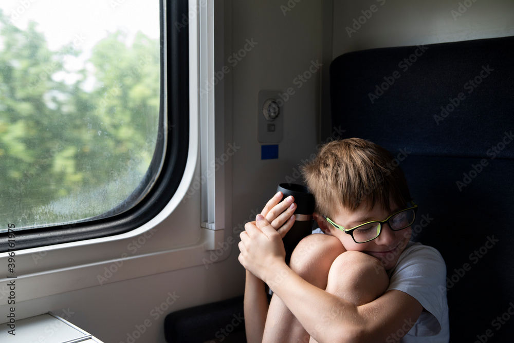 Boy on the train. Travel by railway. Rules for traveling on train with children