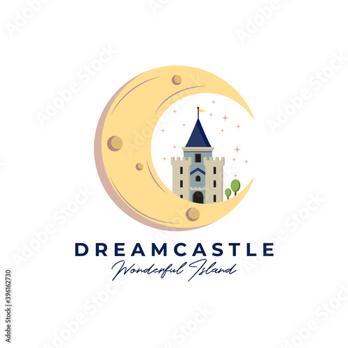 Dream Castle line art logo vector illustration design, castle on the moon logo