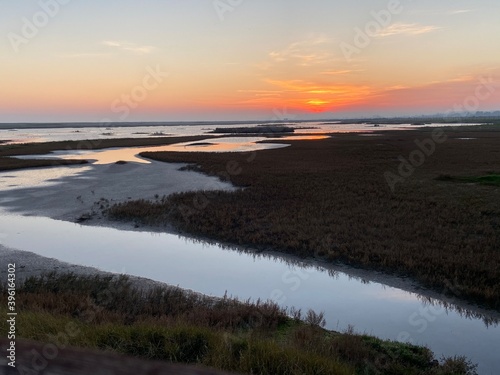 Rye Harbour, Nature reserve, East Sussex UK - 28.11.2020: Rye Harbour landscape view at low tide harbour wetlands popular with bird watchers at sunset