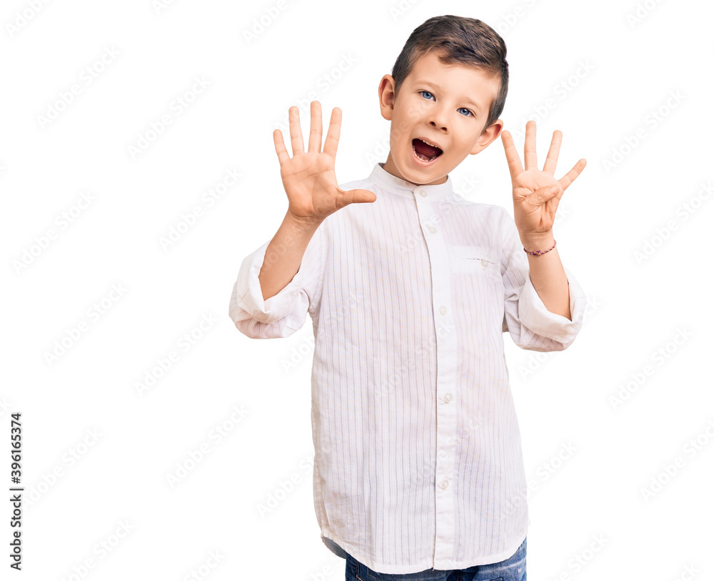 Cute blond kid wearing elegant shirt showing and pointing up with fingers number nine while smiling confident and happy. Cute blond kid wearing elegant shirt showing and pointing up with fingers number nine while smiling confident and happy.