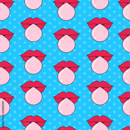 Seamless pattern with woman pink lips and bubble gum on blue pop background