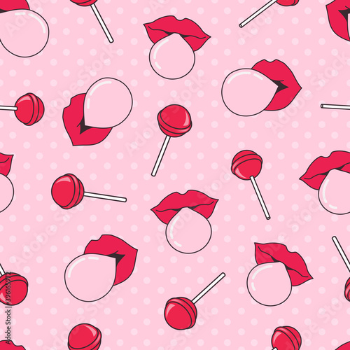 Seamless pattern with woman pink lips with bubble gum and lollipops on pink pop background