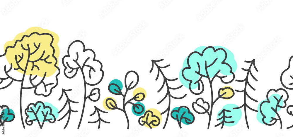 Trees and Christmas trees seamless border with forest . Hand drawn doodle background for frames. Vector illustration Trees and Christmas trees seamless border with forest . Hand drawn doodle background for frames. Vector illustration