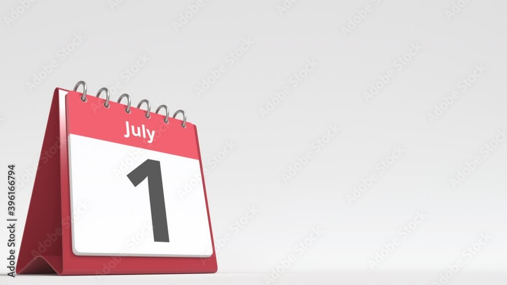 July 1 date on the flip desk calendar page, blank space for user text, 3d animation July 1 date on the flip desk calendar page, blank space for user text, 3d animation
