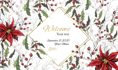 banner of winter flowers (poinsettia,  mistletoe, Holly) isolated on a white background. realistic hand-drawn compositions of bouquets. gold jewelry, decorations for  cards, posters. Vintage style
