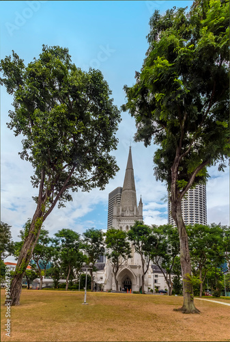 A panorama view of the traditional of St Andrew's Cathedral and modern skyscraper in Singapore, Asia