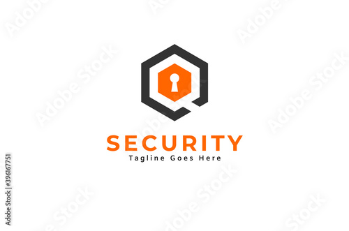 Hexagon Letter Q Security Logo, Letter Q from Hexagon negative Space and  Lock icon inside, Flat Design Logo Template, vector illustration