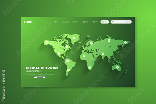 Network data protection technology green landing page, blue interface, vector