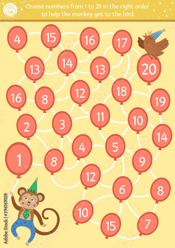 Birthday counting maze for children. Holiday preschool printable activity. Funny party game or math puzzle with cute monkey and air balloons. Choose numbers from 1 to 20 in the right order .