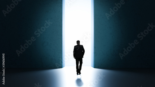 Man walking through light to a better world leave behind all sorrows - 3D Illustration