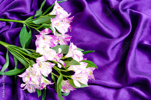 Fototapeta Naklejka Na Ścianę i Meble -  Lily flower bouquet on smooth elegant purple natural silk luxury fabric texture