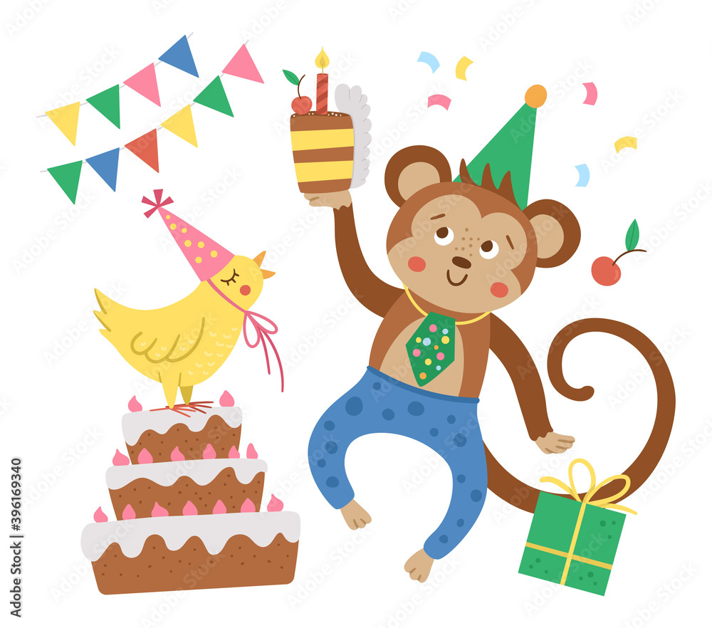 Obraz premium Vector Birthday party composition with cute dancing monkey, cake, bird, present. Holiday background design for banners, posters, invitations. Festive card template with funny animals.