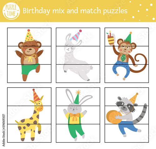 Vector Birthday mix and match puzzle with traditional holiday characters. Winter cut out matching activity for preschool children. Educational festive party printable game for kids.