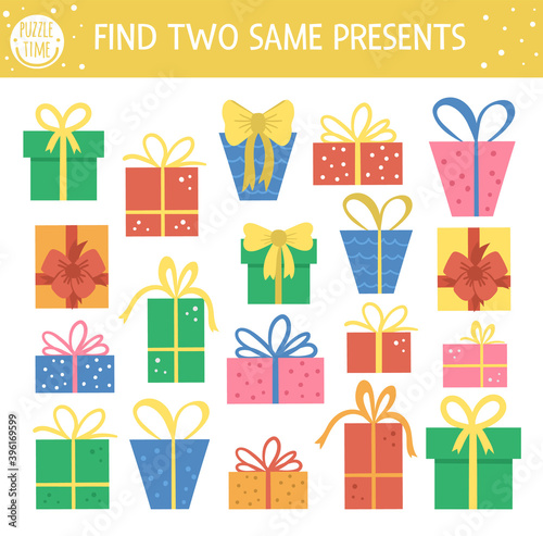 Find two same presents. Holiday matching activity for children. Funny educational Birthday party logical quiz worksheet for kids. Simple printable celebration game with cute gift boxes.