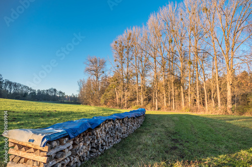 Mit einer Abdeck Plane geschützter Brennholz Stapel