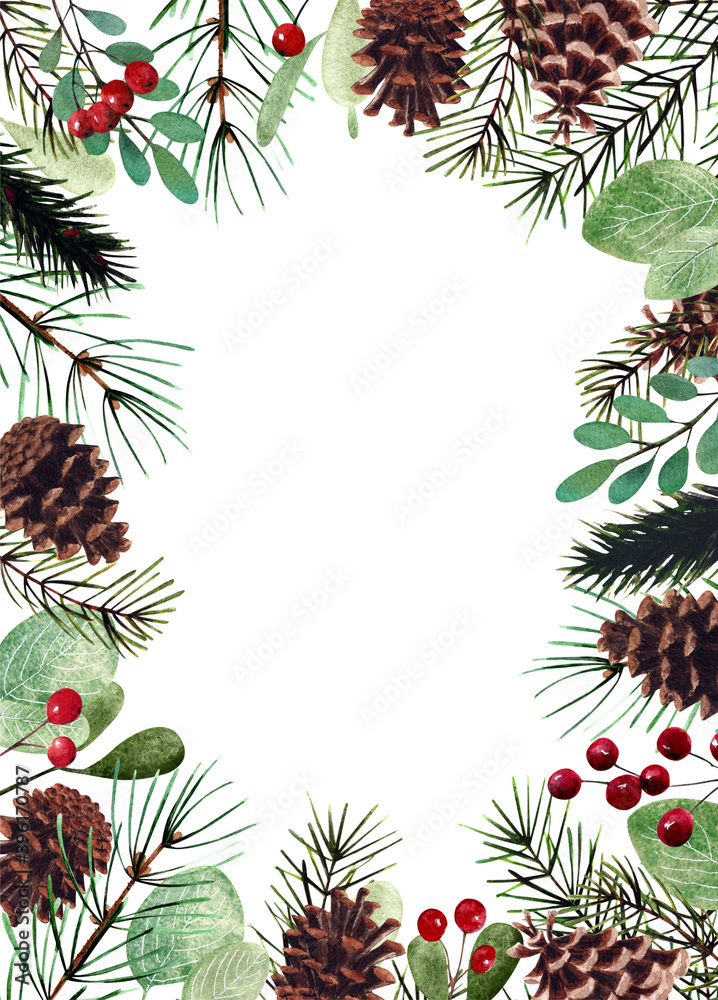 Fototapeta premium Watercolor christmas template with cones, pine branches, leaves and berries. Hand drawn illustration