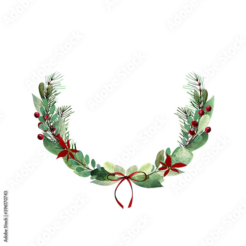 Watercolor christmas half wreath with leaves, berries, bow. Hand drawn illustration