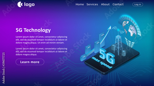5G internet technology website template with isometric phone on blue background. Up arrow with percentage bars and signal tower. Vector illustration.