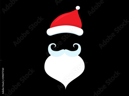 Red hat and white beard santa claus with mustache template. Colorful festive christmas attributes design mysterious christmas character with fluffy beard.