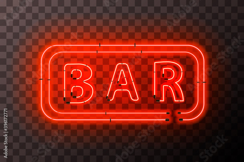 Bright red neon BAR sign with rectangle frame on transparent