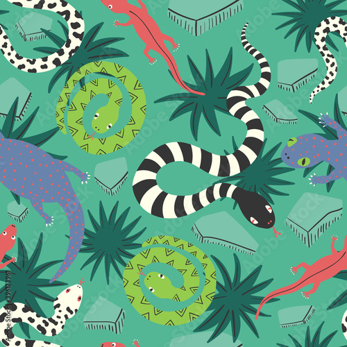 vector reptile on bush seamless pattern on green