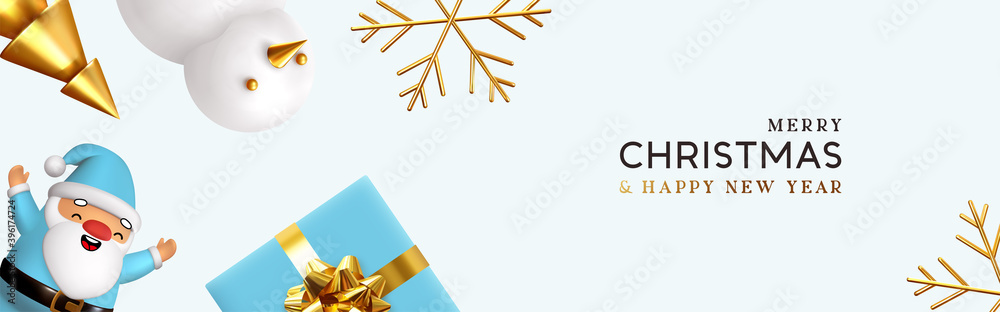 Fototapeta premium Christmas and New Year holiday. Background with realistic gift box, blue 3d render merry Santa Claus, snowman and golden tree. Greeting card, banner, horizontal poster, website header. Xmas decorative