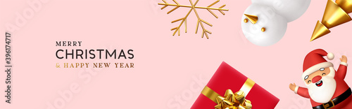 Christmas and New Year holiday. Background with realistic gift box, red 3d render merry Santa Claus, snowman and golden tree. Greeting card, banner, horizontal poster, website header. Xmas decorative