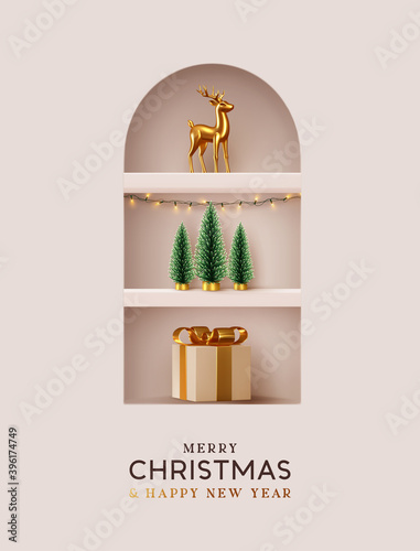 Merry Christmas and Happy New Year. Background shelf stand frame, realistic festive gifts box. Porcelain figurines of beautiful gold deer. Xmas pine fir lush tree. Holiday composition render 3d object