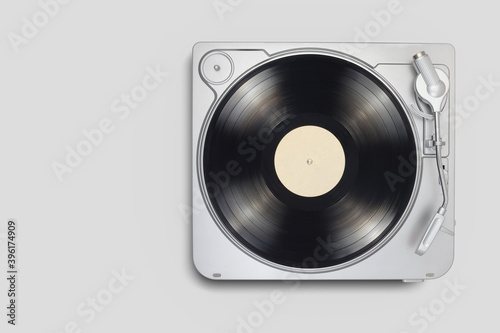 Turntable with long play or LP vinyl record with copy space.