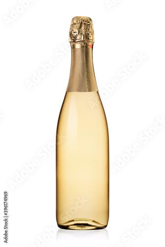 Yellow bottle of champagne isolated on white.