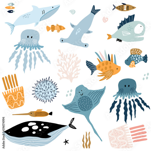 Big creative nautical clipart with marine inhabitants. Jellyfish, octopus, shark, killer whale, fish hummer, skete,fish hedgehog. Vector illustration