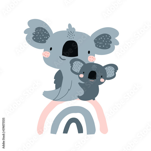 Cute koala Mom baby on rainbow illustration in scandinavian style. Childish print for nursery, kids apparel,poster, postcard. Vector Illustration