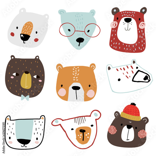 Cute cartoon bears collection. Childish adorable clip art with funny hand drawn bear faces isolated. Vector Illustration