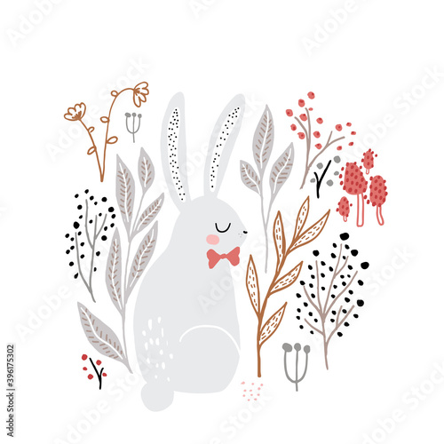 Cute cartoon bunny girl in floral elements, mushrooms. Childish print for nursery, kids apparel,poster, postcard. Vector Illustration