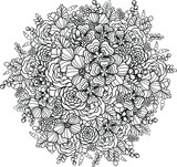 Big circle shape bouquet of different doodle flowers. Black on transparent background decorative floral vector element