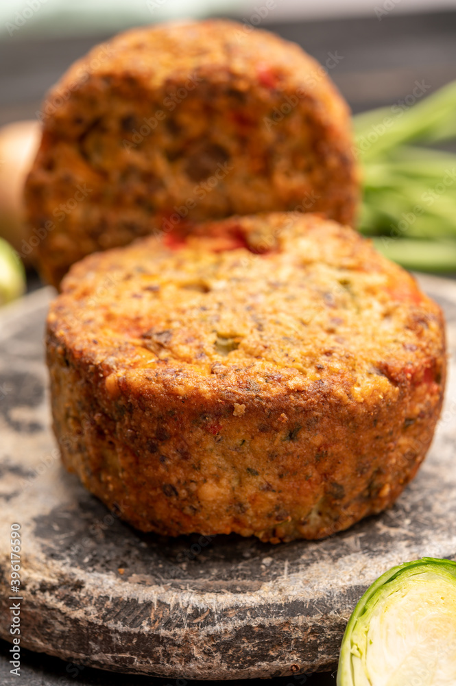 Fresh veggie burgers made from vegetables, beans and legumes, tasty vegan food Fresh veggie burgers made from vegetables, beans and legumes, tasty vegan food
