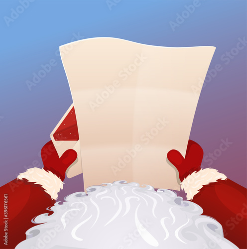 Mail of Santa Claus. Santa Claus is holding in his hands envelope and empty form for christmas children's desires and wish list. Christmas Greeting Card. Empty wish list in Santa Claus hands