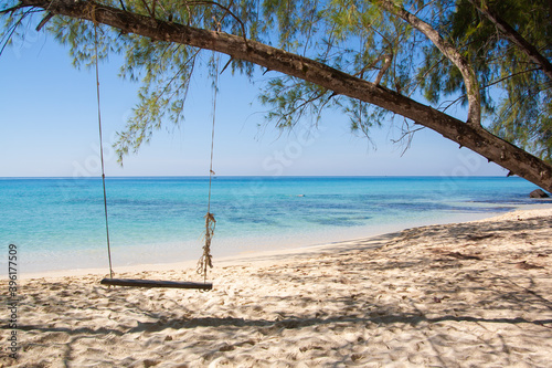Tropical paradise beach of Thailand with white sand and turquoise waters and a swing hanging from a branch tree, vacation destination 