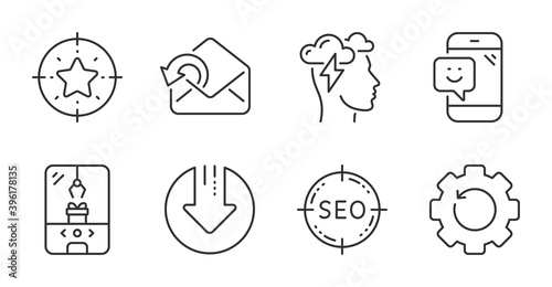 Send mail, Seo and Crane claw machine line icons set. Recovery gear, Download arrow and Smile signs. Mindfulness stress, Star target symbols. Sent message, Search target, Attraction park. Vector