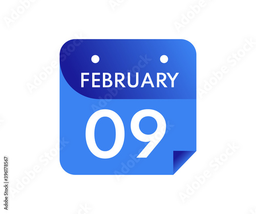 February 9 Date on a Single Day Calendar in Flat Style, 9 February calendar icon