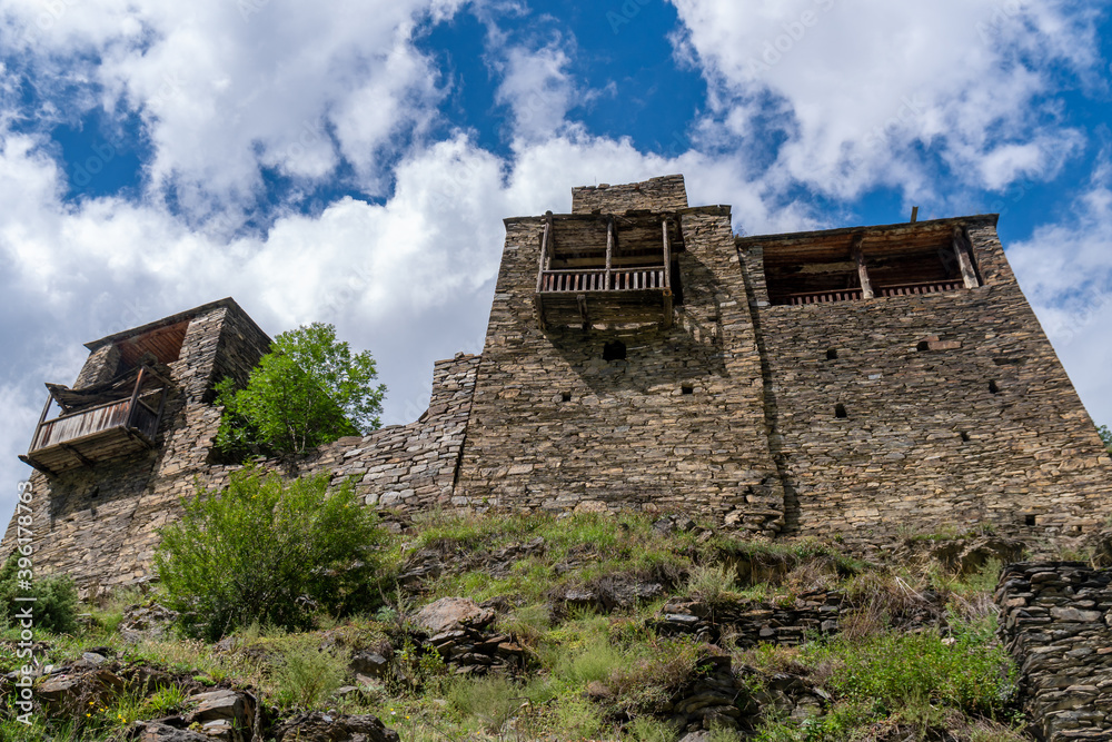 Old Fortress in mountain village Shatili, ruins of medieval castle