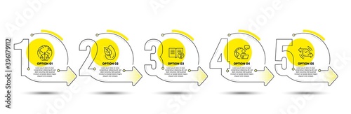 Organic product, Help and Magistrates court line icons set. Timeline process infograph. Timer sign. Leaf, Documentation, Internet judgement. Stopwatch. Business set. Vector