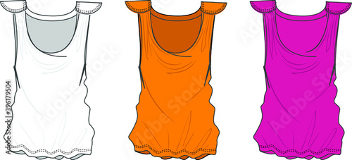 Flat sketch dress design for girls in 3 variants.