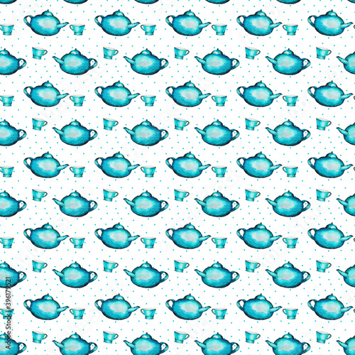 Seamless turqoiuse hand drawing pattern with tea cup and kettle photo